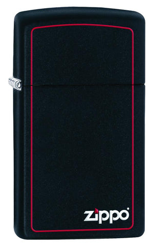 Vista de tres cuartos del mechero a prueba de viento Zippo Slim® Black Matte with Red Border