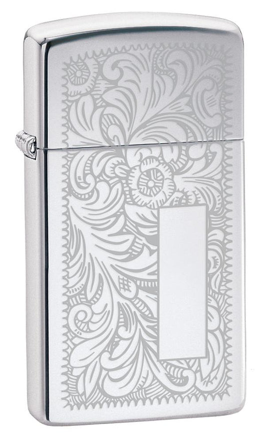 Vue de face 3/4 briquet Zippo Slim Chrome motif de fleurs vénitiennes et plaque à graver
