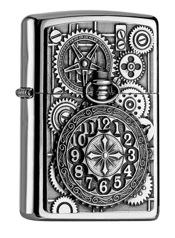 Vue de face 3/4 briquet Zippo emblème montre gousset entourée d'engrenages