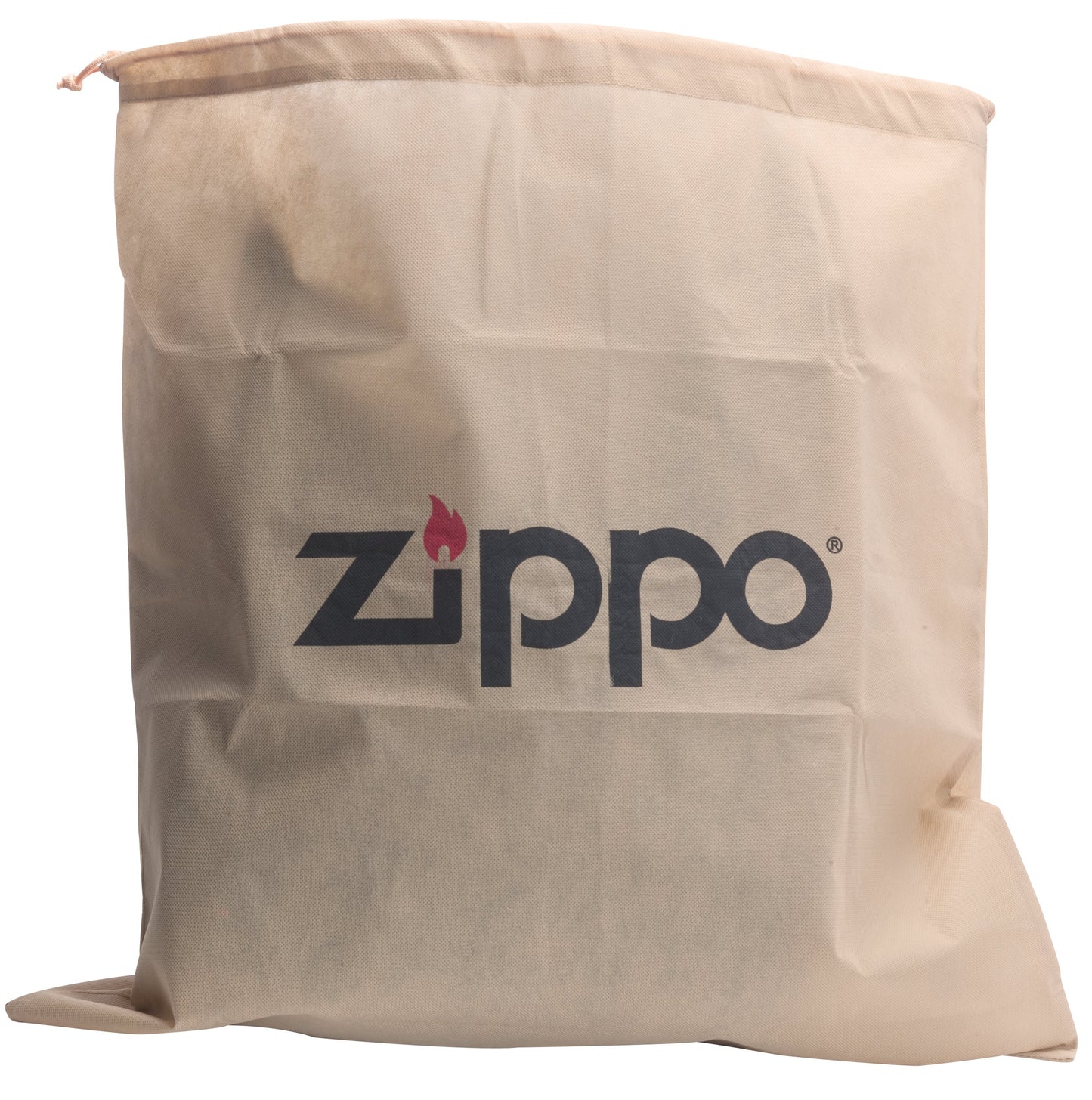 Vue de face sac à dos Zippo marron mélange cuir et lin, emballé dans une pochette de protection