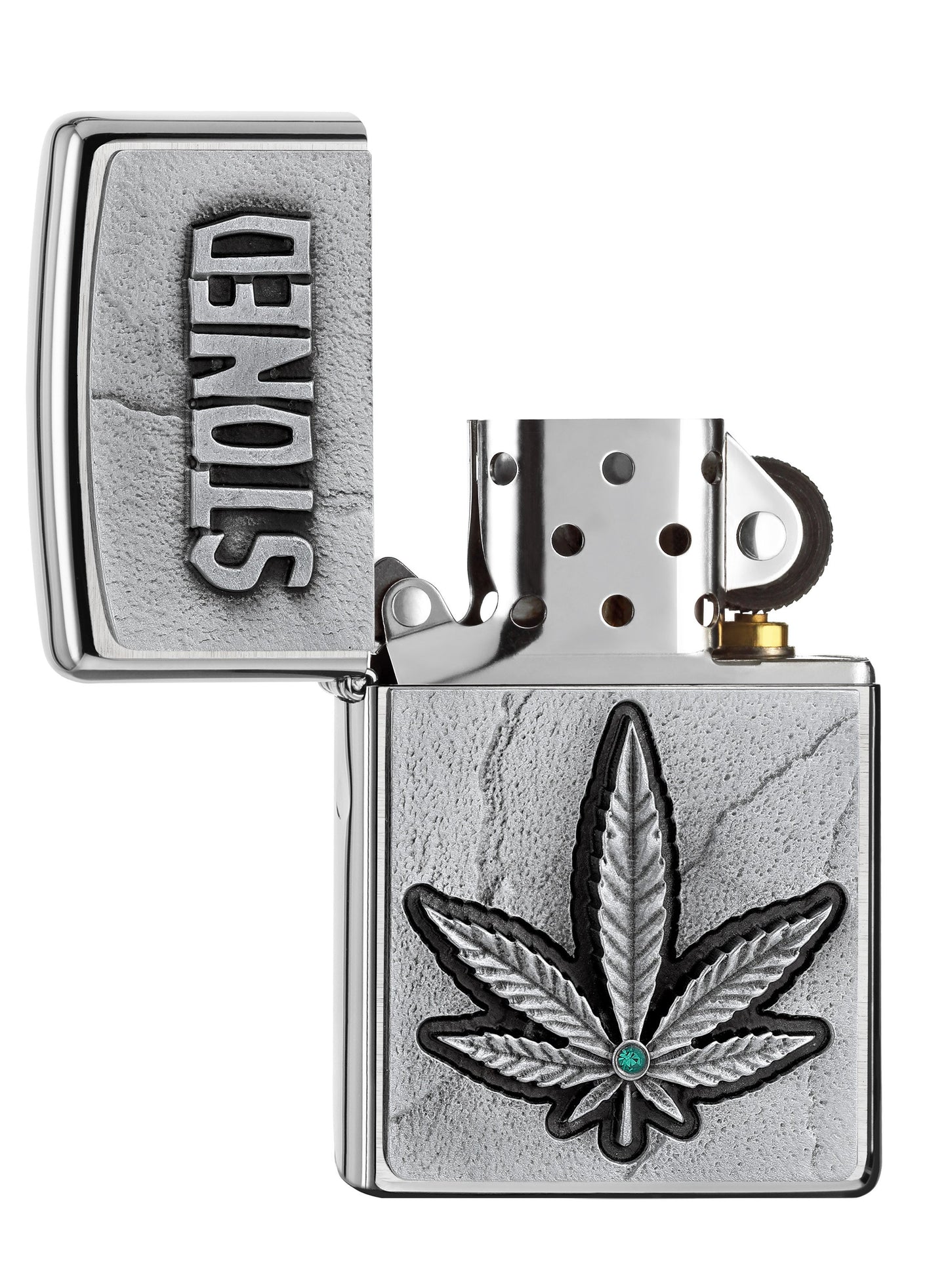 Briquet Zippo emblème feuille de chanvre avec éléMen,t Swarovski au milieu, ouvert