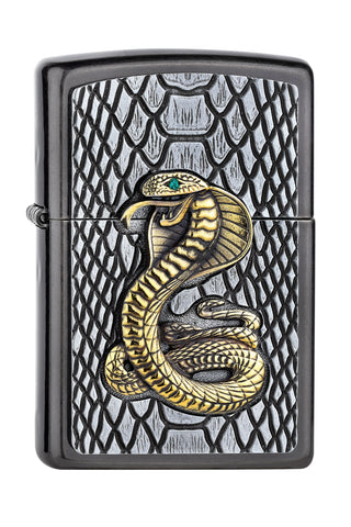 Vue de face 3/4 briquet Zippo emblème cobra dressé