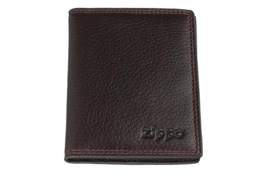 Vue de face portefeuille Zippo vertical en cuir marron