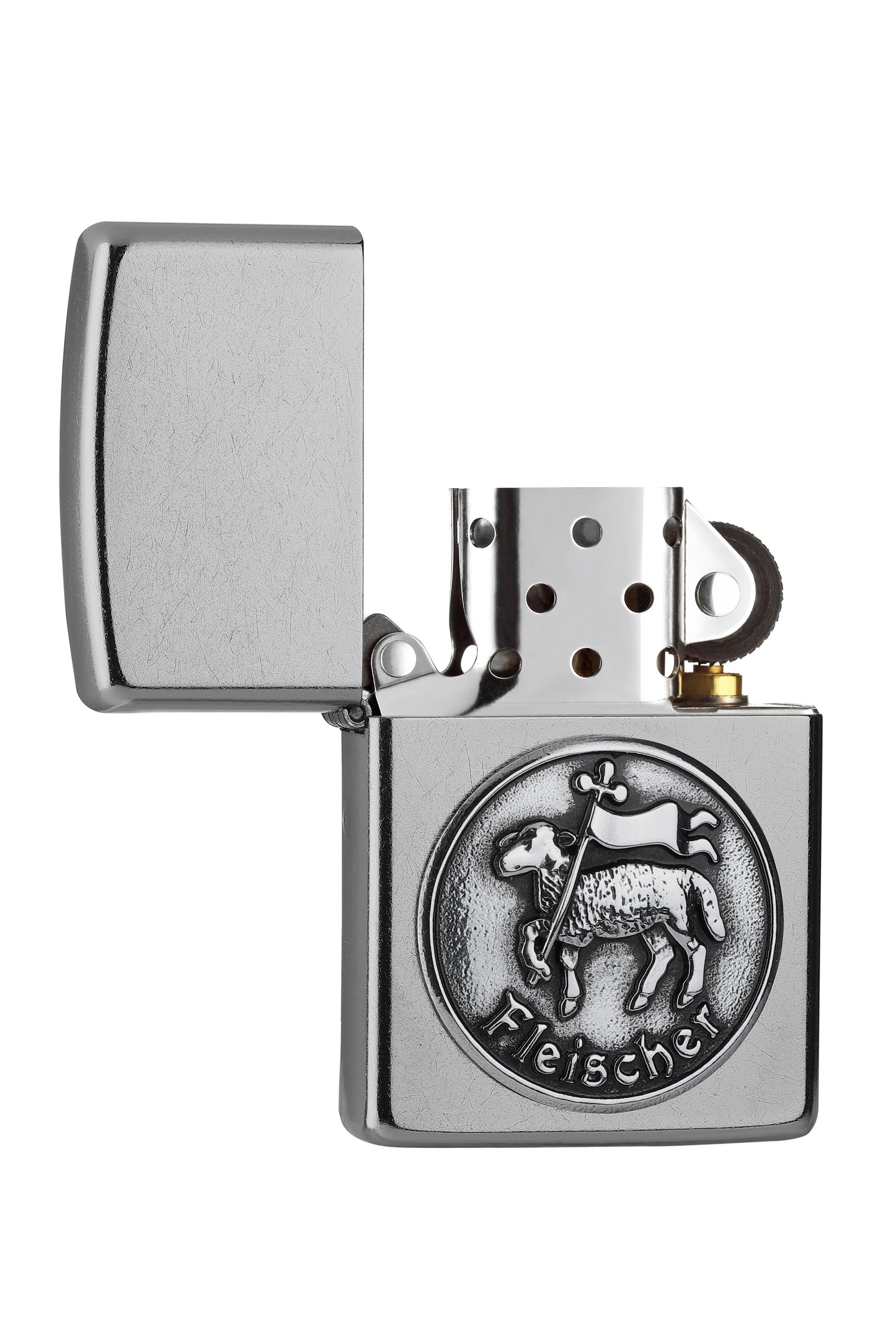 Briquet Zippo chromé emblème de la guilde des bouchers, ouvert
