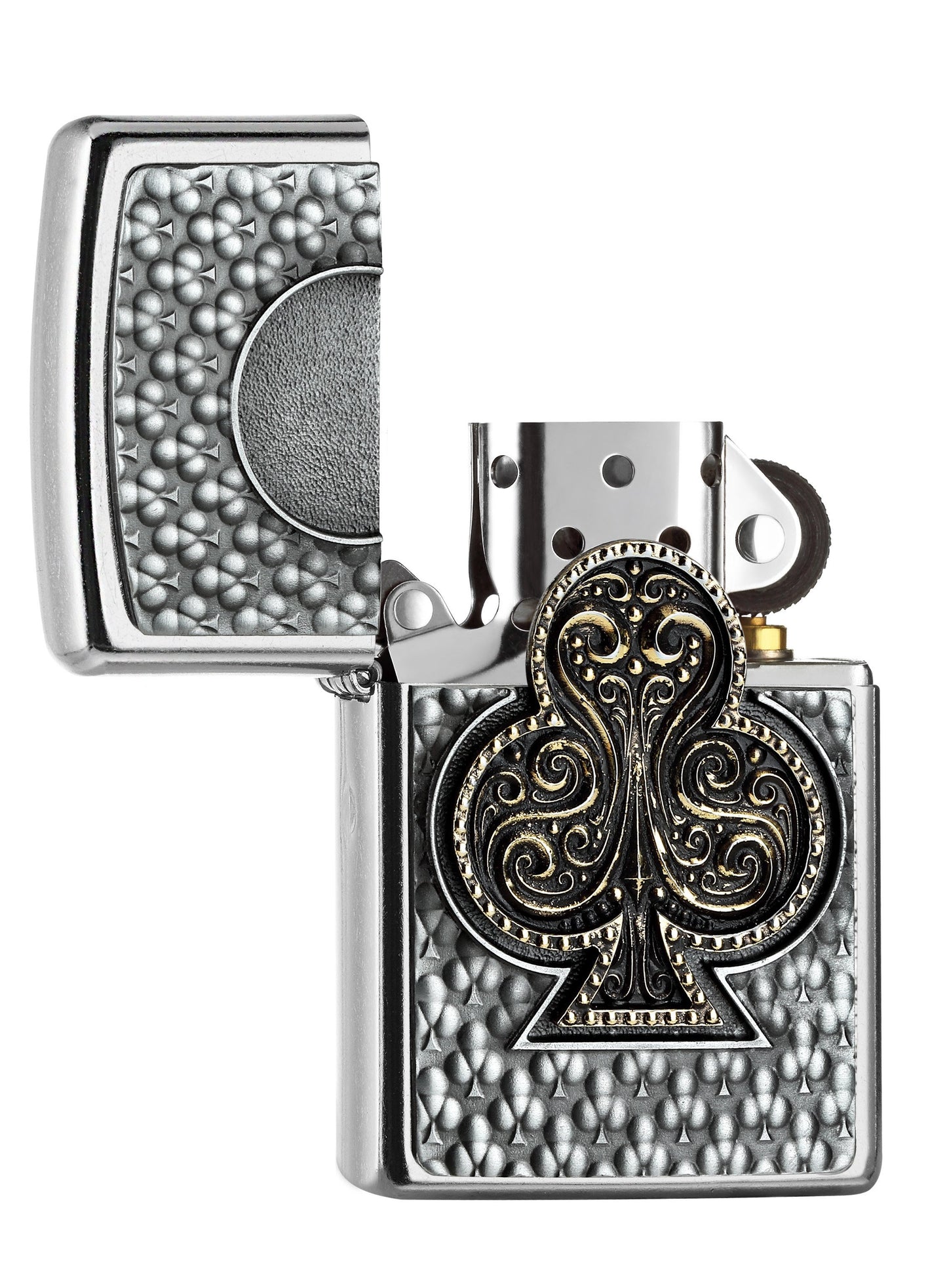 Briquet Zippo emblème carte à jouer trèfle, ouvert