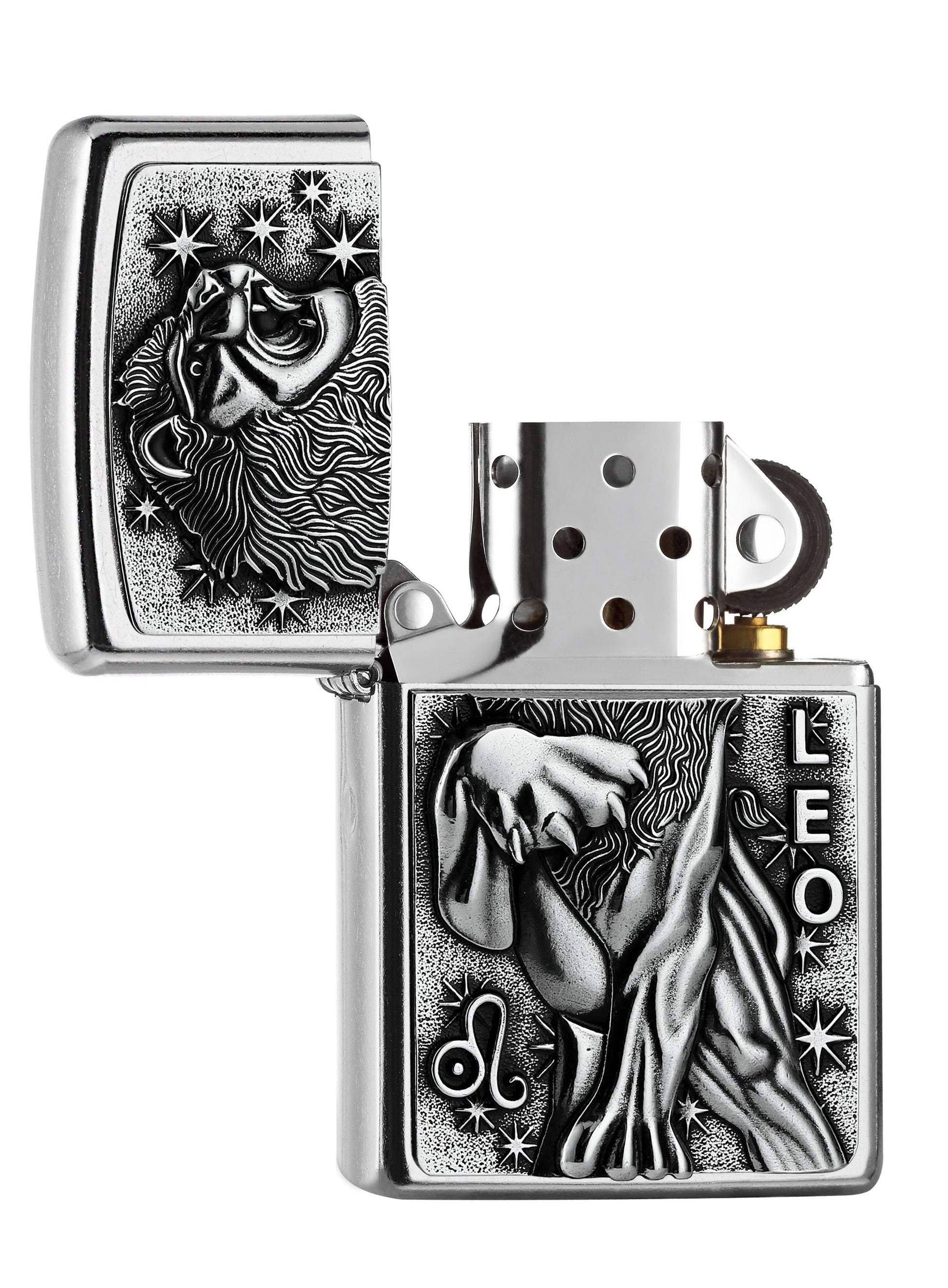 Briquet Zippo signe du zodiaque emblème Lion, ouvert