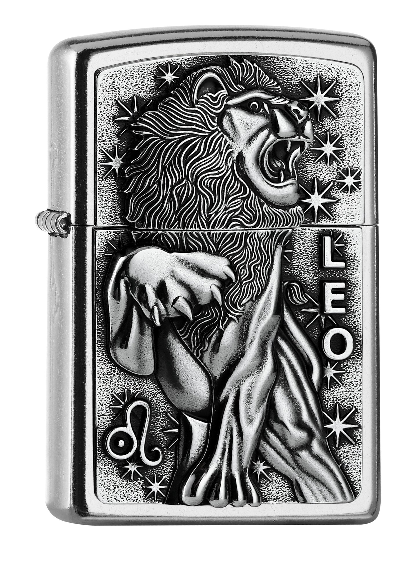 Vue de face 3/4 briquet Zippo signe du zodiaque emblème Lion