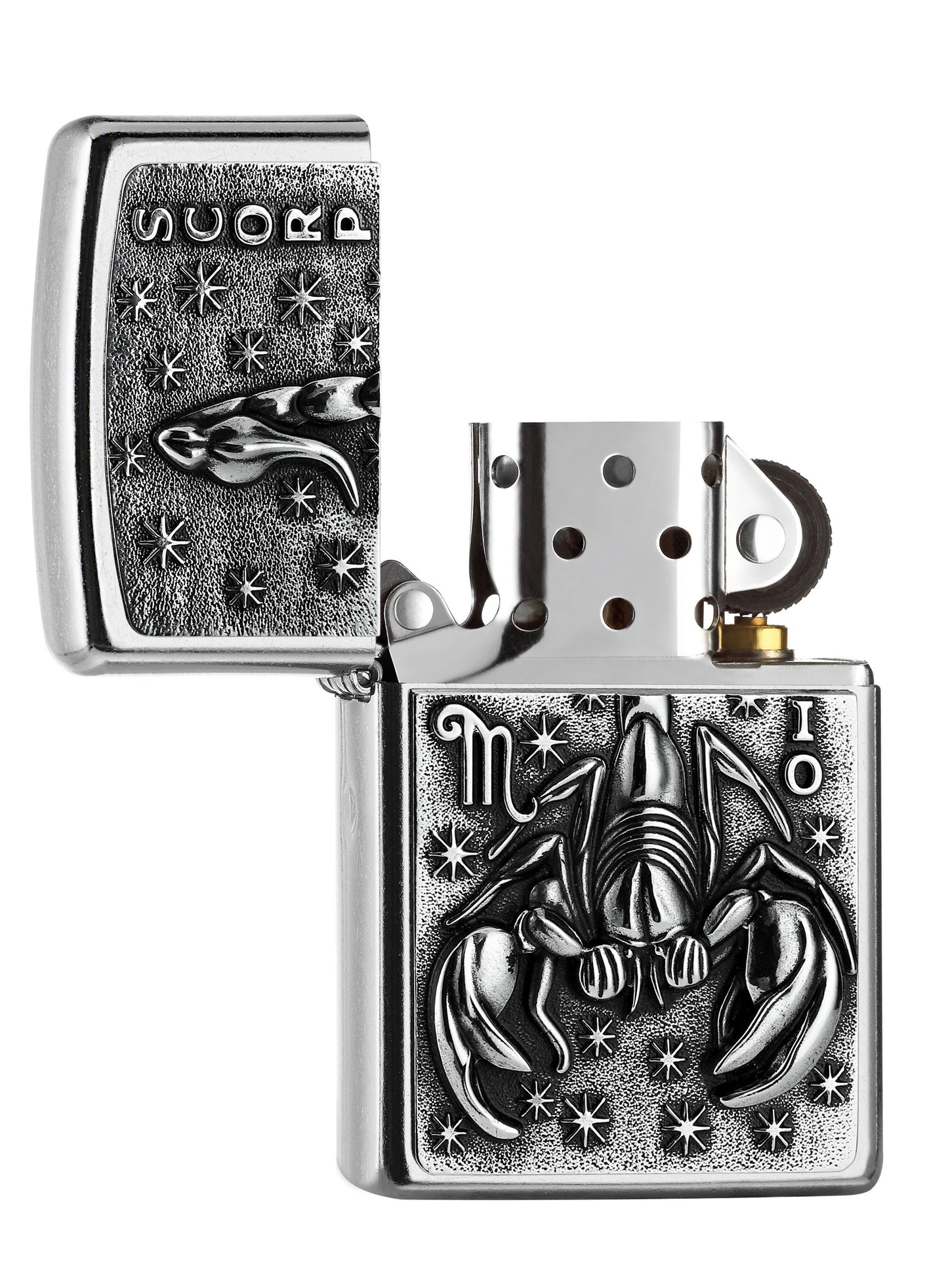 Briquet Zippo signe du zodiaque emblème Scorpion, ouvert