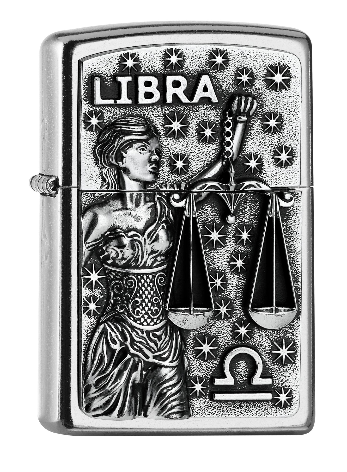 Vue de face 3/4 briquet Zippo signe du zodiaque emblème Balance