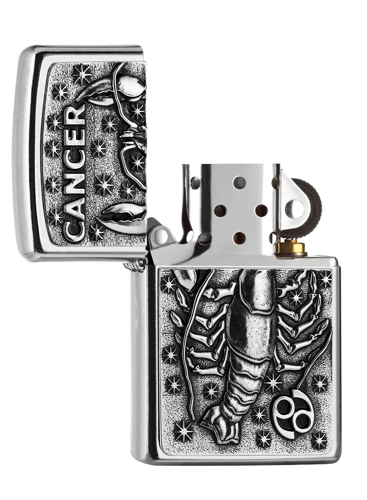Briquet Zippo signe du zodiaque emblème Cancer, ouvert