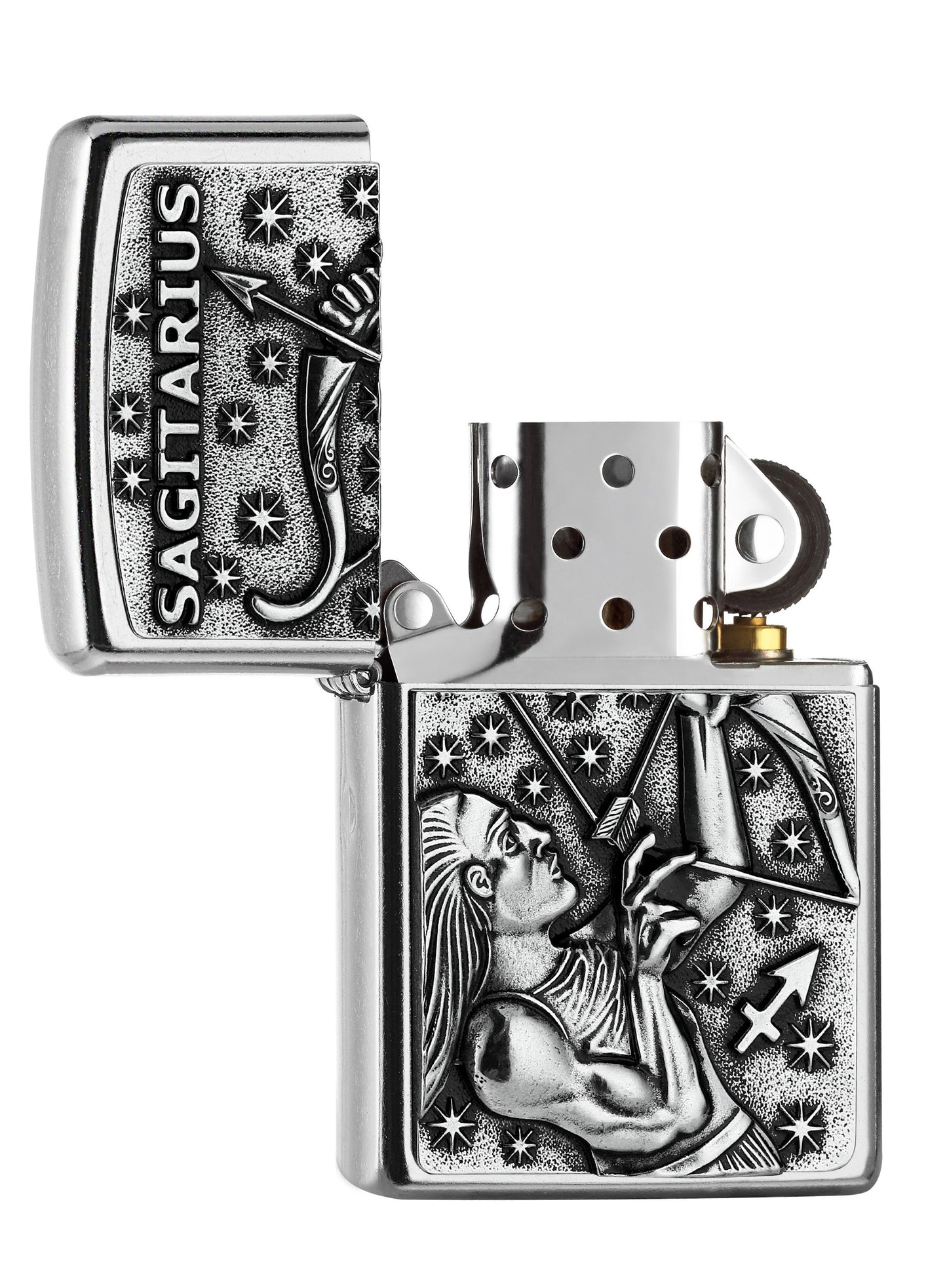 Briquet Zippo signe du zodiaque emblème Sagittaire, ouvert