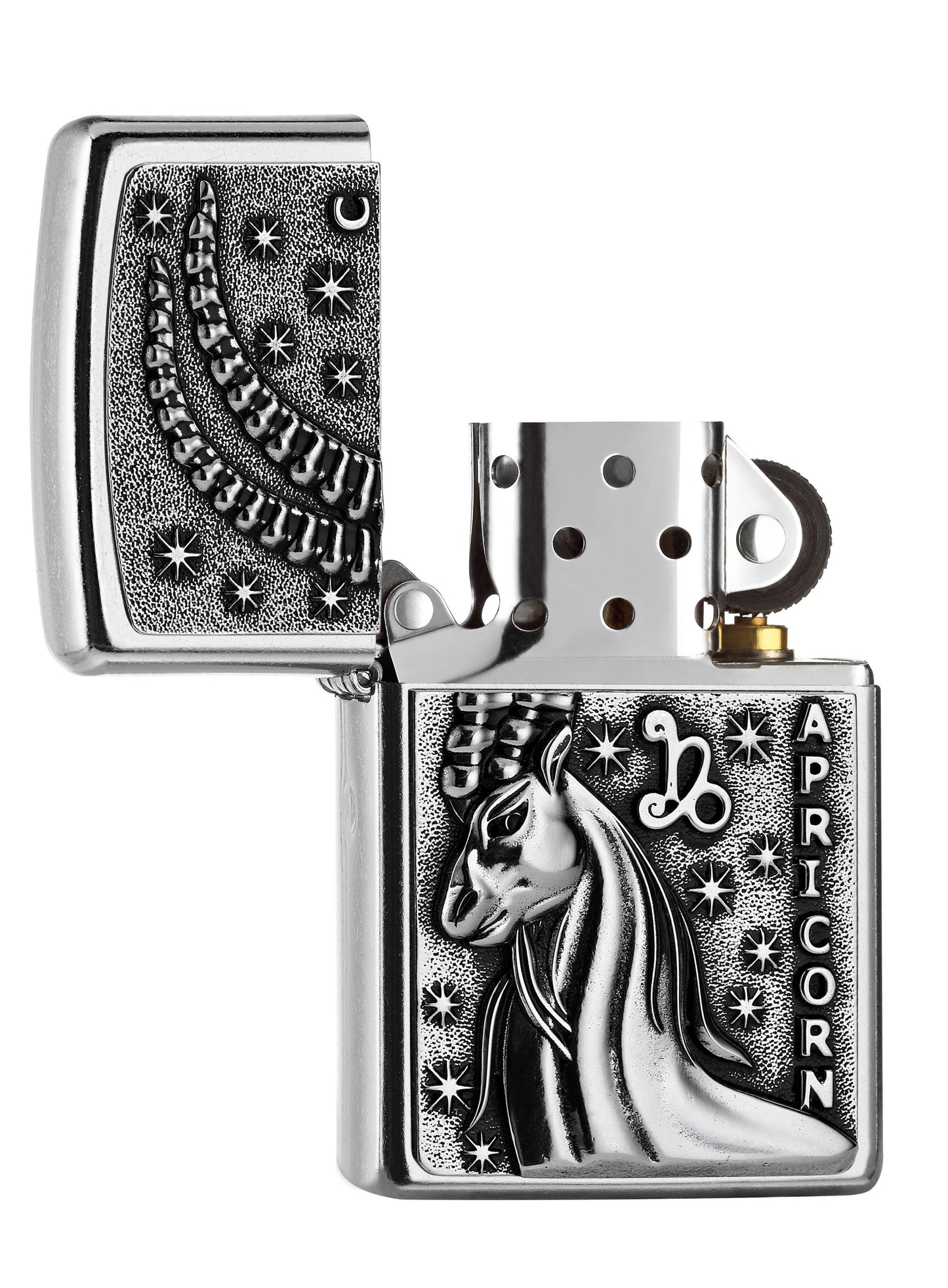 Briquet Zippo signe du zodiaque emblème Capricorne, ouvert