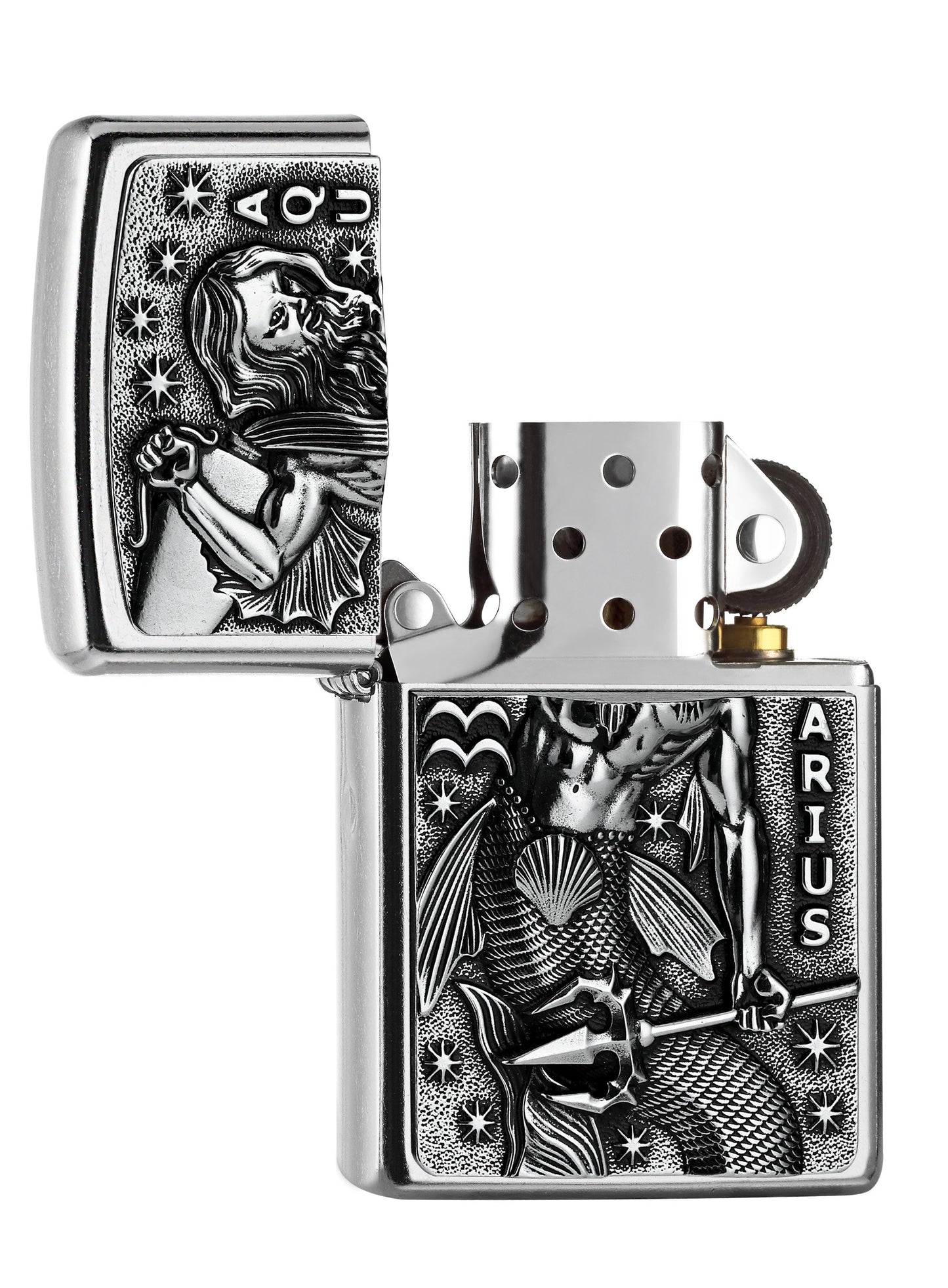 Briquet Zippo signe du zodiaque emblème Verseau, ouvert
