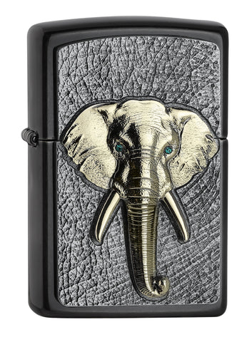 Vue de face 3/4 briquet Zippo tête d'éléphant dorée avec des yeux verts en éléMen,ts Swarovski