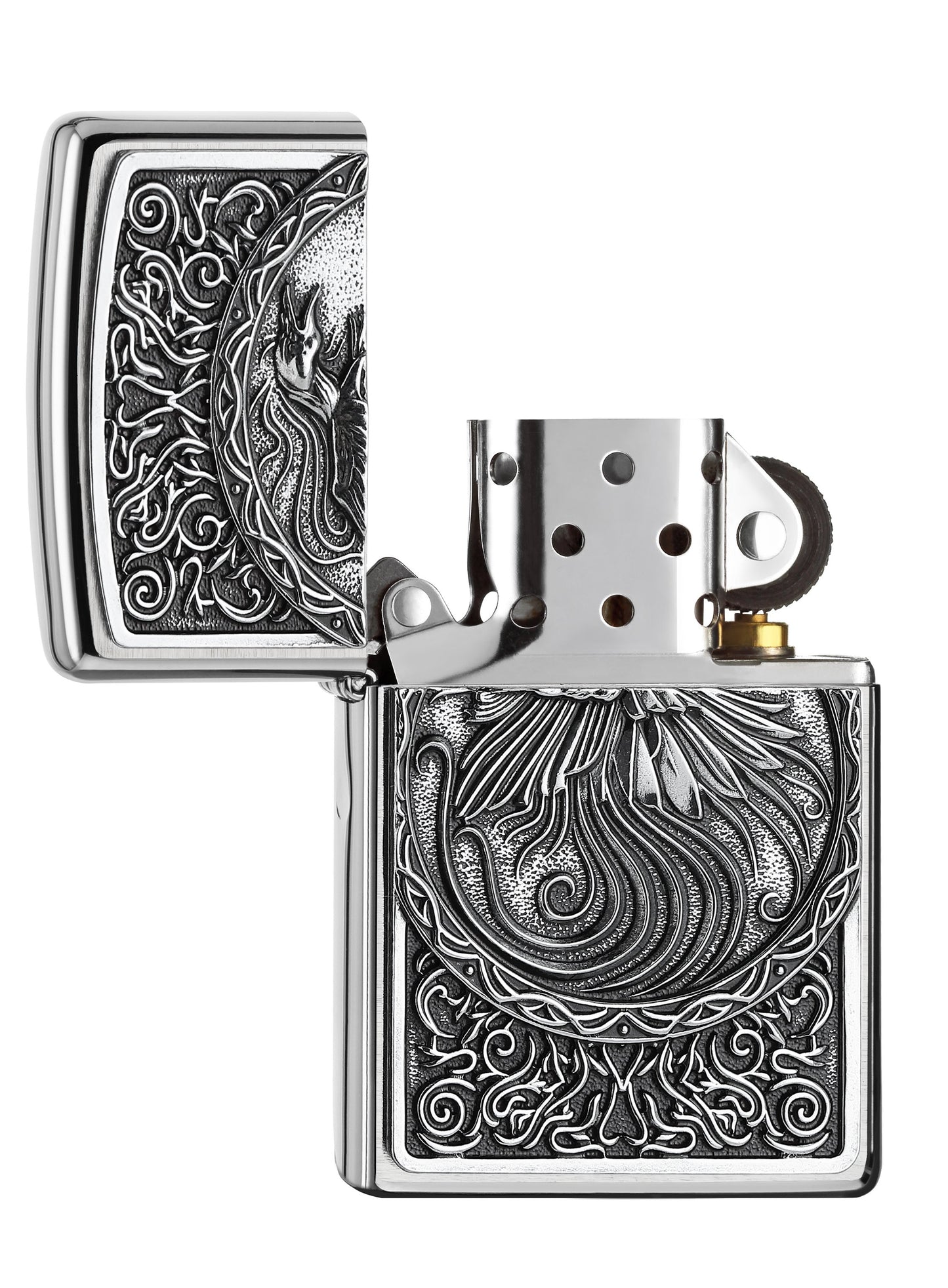 Briquet Zippo chromé phénix encerclé de volutes, ouvert