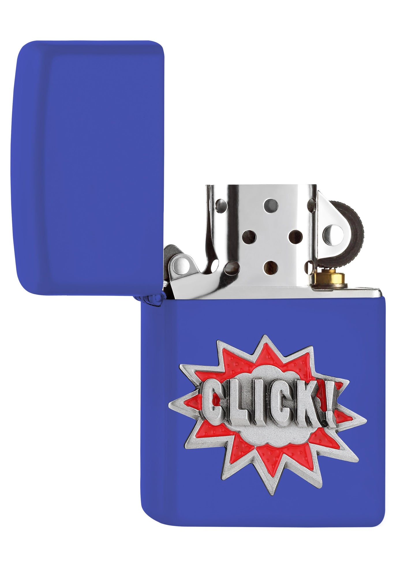 Briquet Zippo bleu avec emblème lettrage Click, ouvert