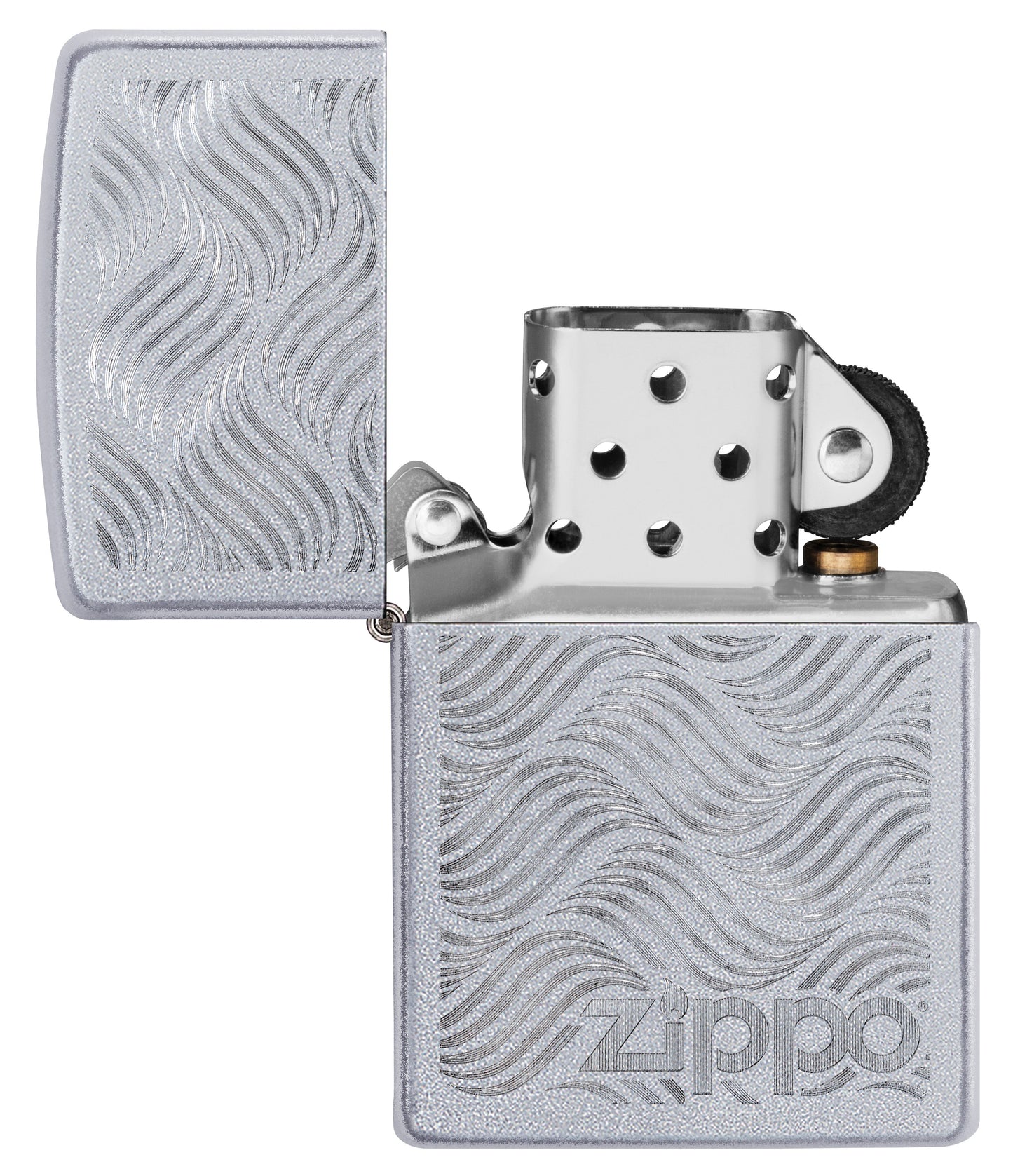 Vista frontal del mechero a prueba de viento Zippo Geometric Pattern Design apagado, sin llama