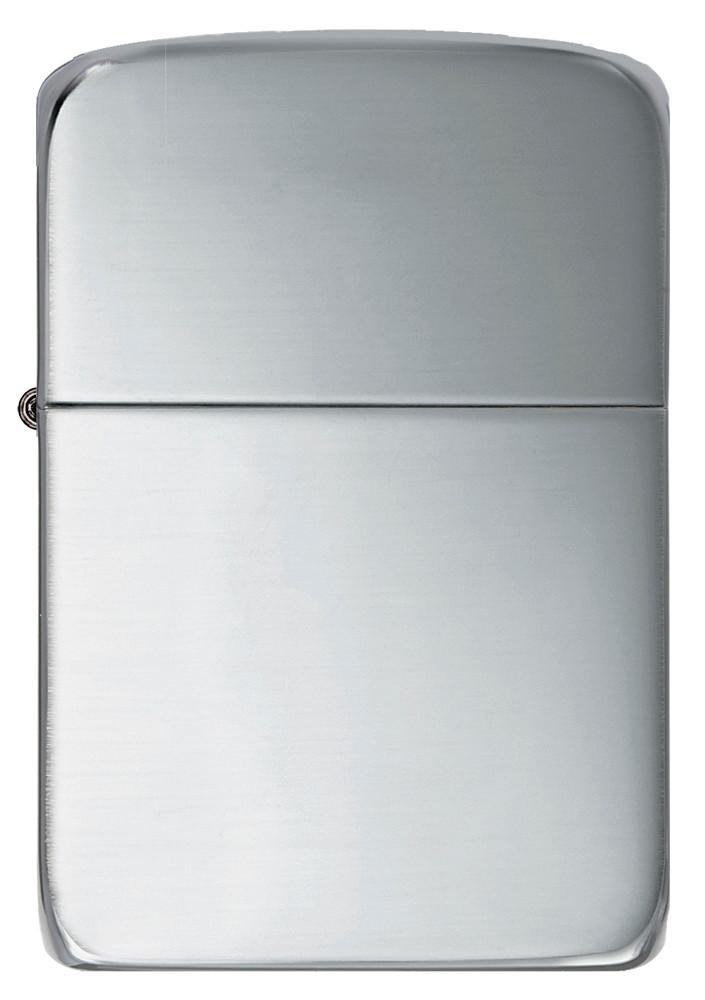 Réplica de encendedor Zippo 1941 en plata de ley vista frontal en óptica de plata pulida