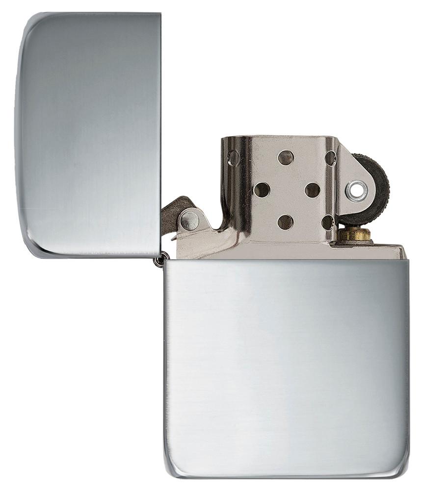 Encendedor Zippo 1941 Replica en plata esterlina vista frontal abierta en la óptica de plata pulida