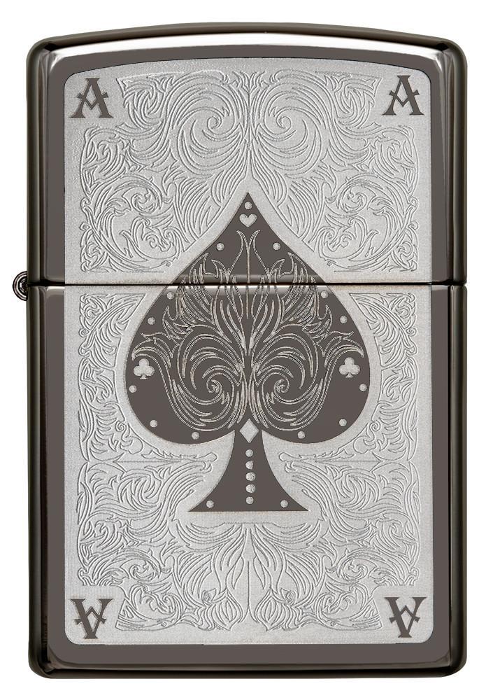 Vue de face briquet Zippo Black Ice avec gravure au laser carte as de pique