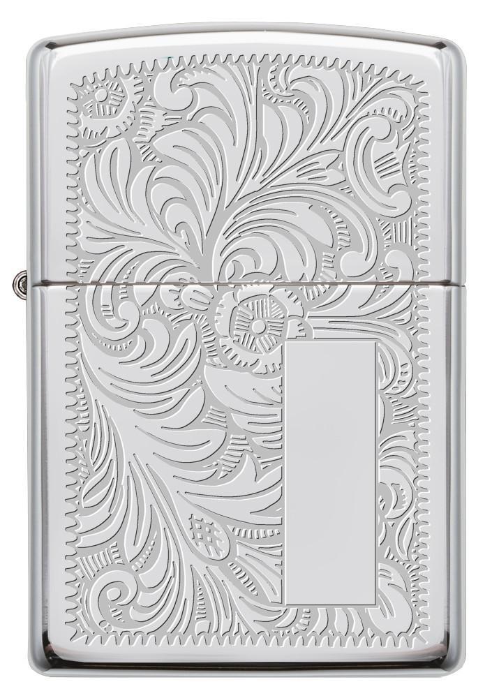 Vue de face briquet Zippo High Polish Chrome avec motif vénitien et plaque à graver