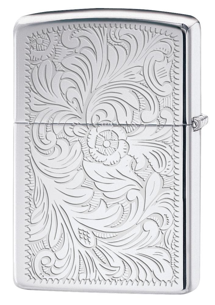 Vue de dos briquet Zippo High Polish Chrome avec motif vénitien