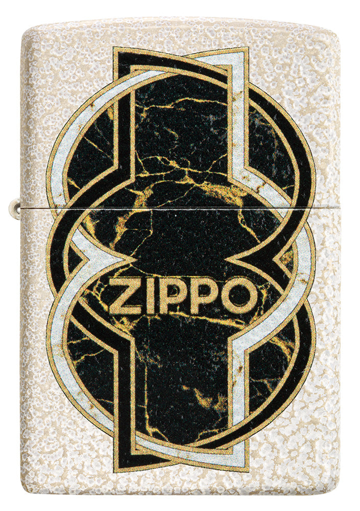 Encendedor Zippo vista frontal en blanco Mercury Glass óptico con forma de oro negro jaspeado en el centro envuelto por una línea blanca y otra negra