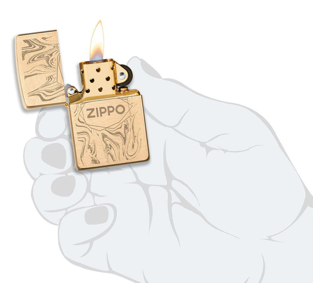Encendedor Zippo de latón cepillado con aspecto de mármol y logotipo abierto con llama en mano estilizada