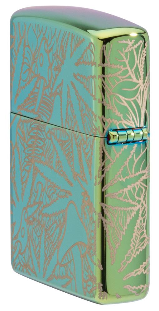 Seitenansicht Rückseite Zippo Feuerzeug 360 Grad Design Hochglanz Grün mit Hanfblättern und Pilzen
