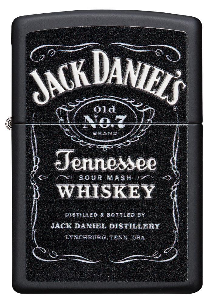 Vue de face briquet Zippo noir mat avec logo Jack Daniel's