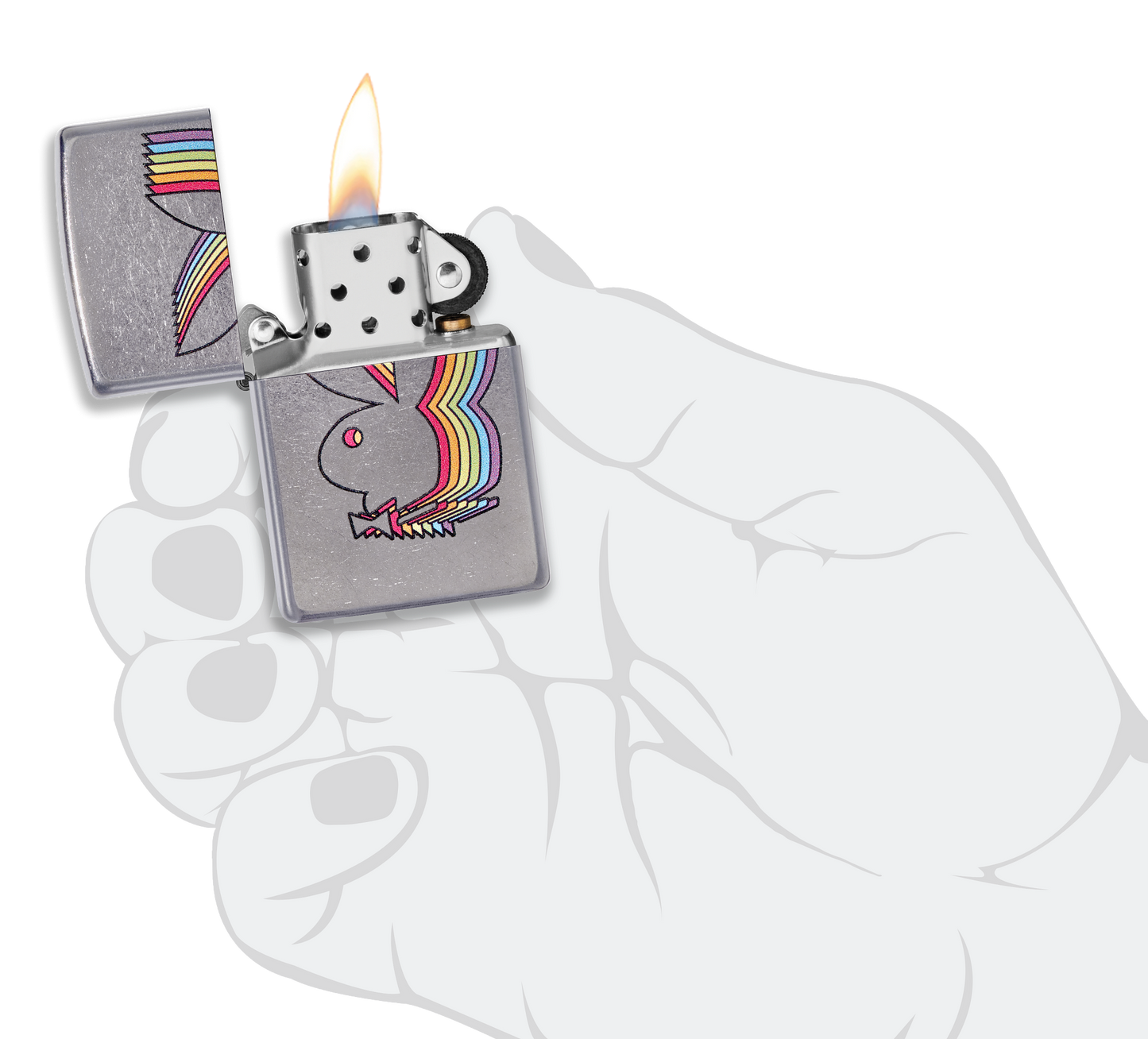 Mechero a prueba de viento Zippo Playboy en una mano para representar el tamaño del mechero