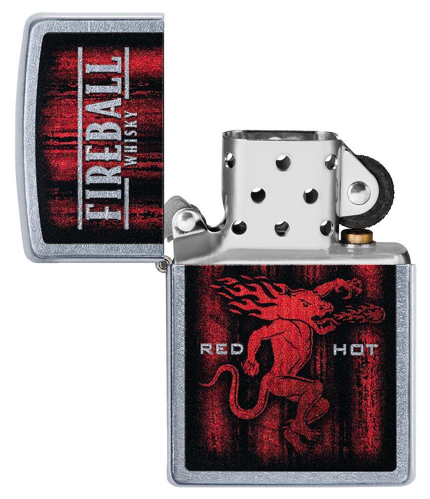 Briquet Zippo chromé whisky Fireball, ouvert