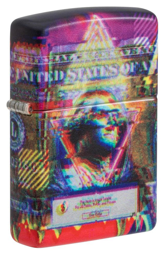 Frontansicht 3/4 Winkel Zippo Feuerzeug 360 Grad Design Dollar Schein mit George Washington Online Only