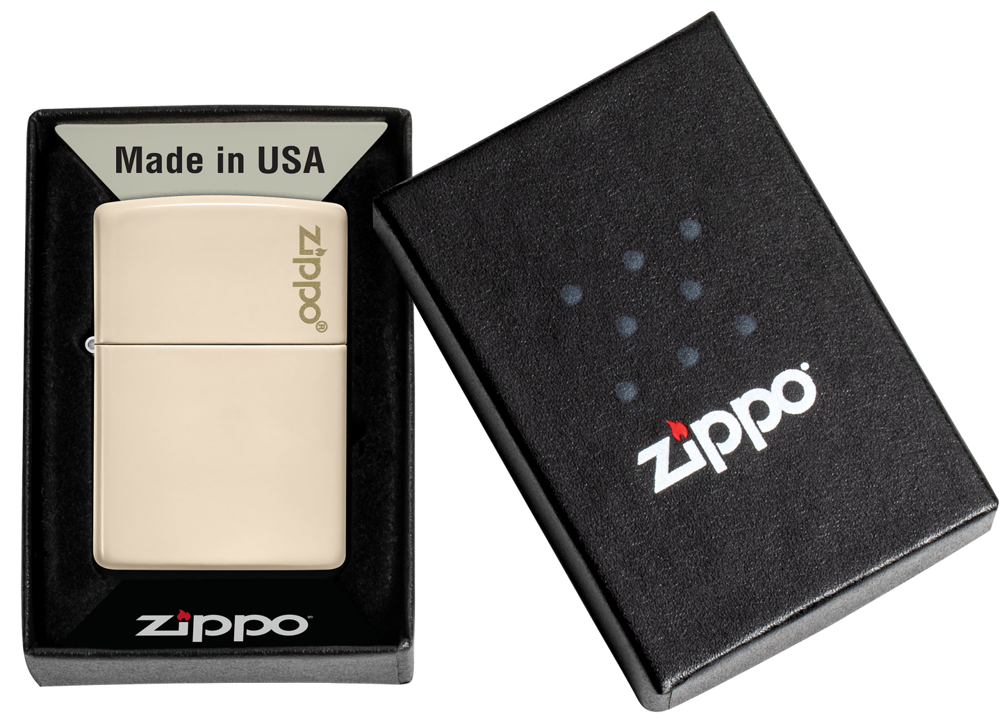 Mechero a prueba de viento Zippo Flat Sand con logo en su caja de regalo