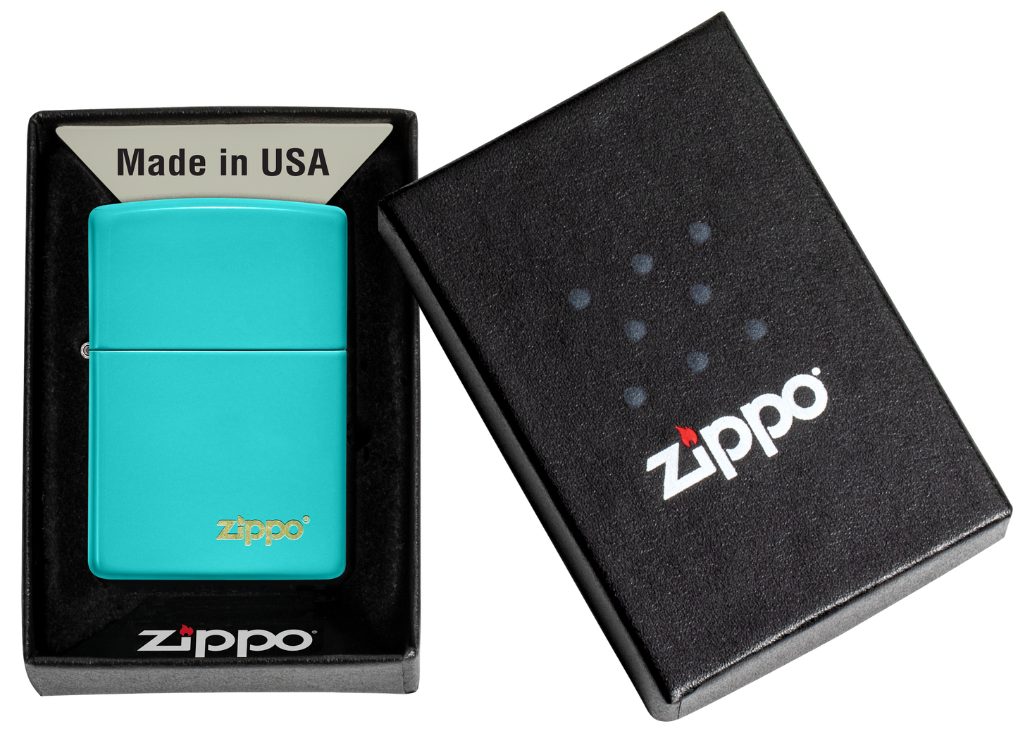 Mechero a prueba de viento Zippo Flat Turquoise con logo en su caja de regalo