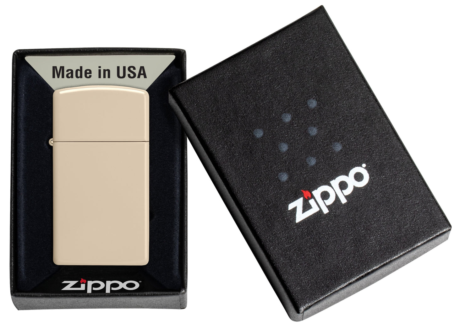 Zippo Feuerzeug Slim Flat Sand Basismodell in geöffneter Geschenkdose