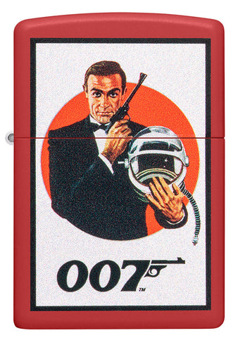 Encendedor Zippo vista frontal rojo mate con James Bond 007™ con traje negro así como pistola y casco de astronauta
