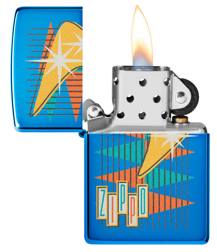 Encendedor Zippo azul de alto brillo de estilo retro con muchos triángulos de colores y el logotipo abierto con la llama