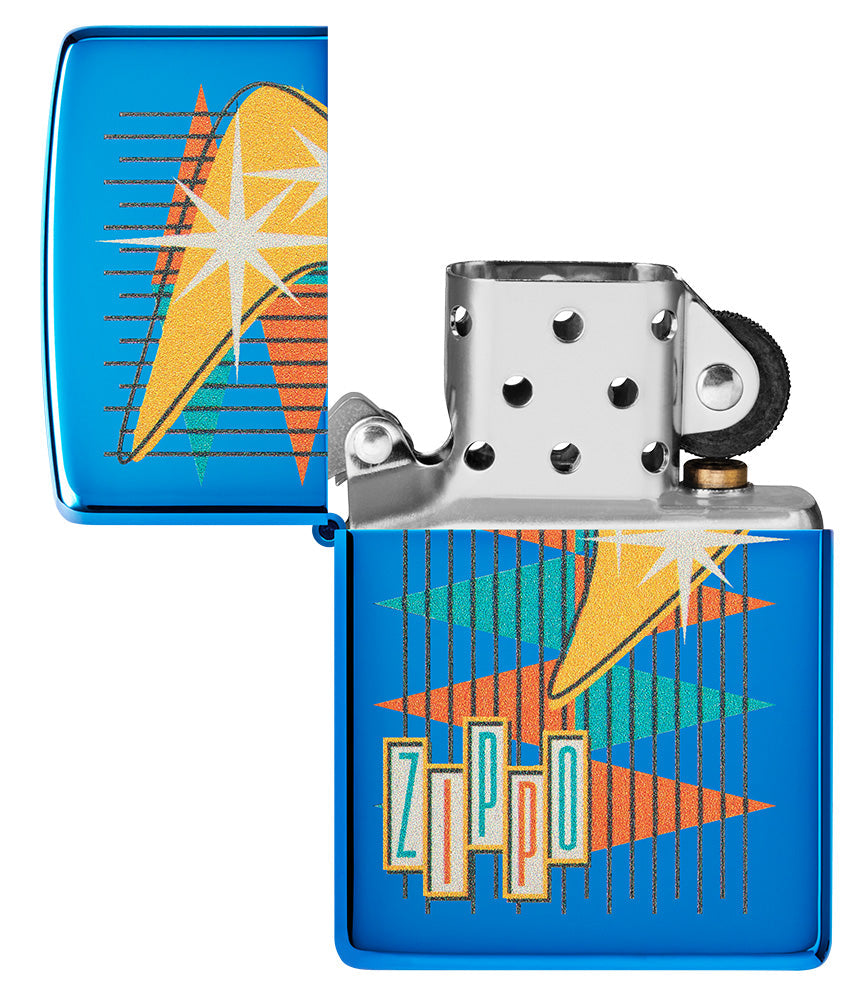 Encendedor Zippo azul de alto brillo en estilo retro con muchos triángulos de colores y logotipo abierto sin llama