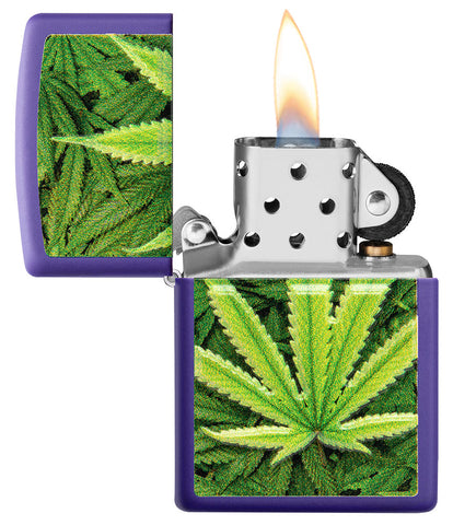 Encendedor Zippo Vista Frontal Morado Mate Abierto y Encendido con Imagen de Planta de Cannabis