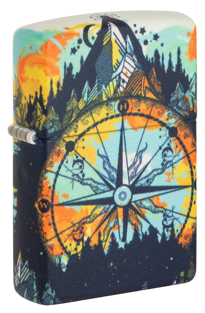 Encendedor Zippo de vista frontal ¾ de ángulo de 540 grados de diseño con señalización en el colorido cielo nocturno de la naturaleza