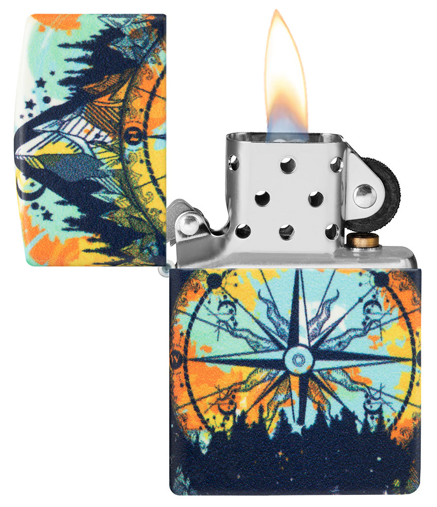 Encendedor Zippo diseño de 540 grados con señalización en el colorido cielo nocturno de la naturaleza abierto con llama