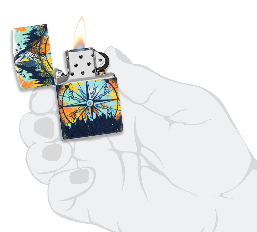 Encendedor Zippo con diseño de 540 grados con señalización en el colorido cielo nocturno de la naturaleza abierto con llama en mano estilizada