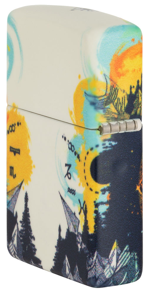 Encendedor Zippo con vista lateral trasera y diseño de 540 grados con marcador de ruta en el colorido cielo nocturno de la naturaleza