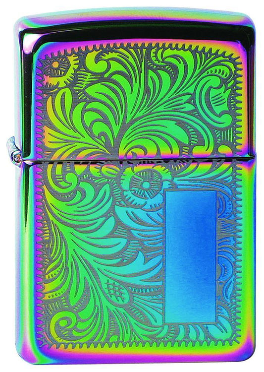 Vue de face 3/4 briquet Zippo High Polish Chrome multicolore avec motif vénitien et plaque à graver