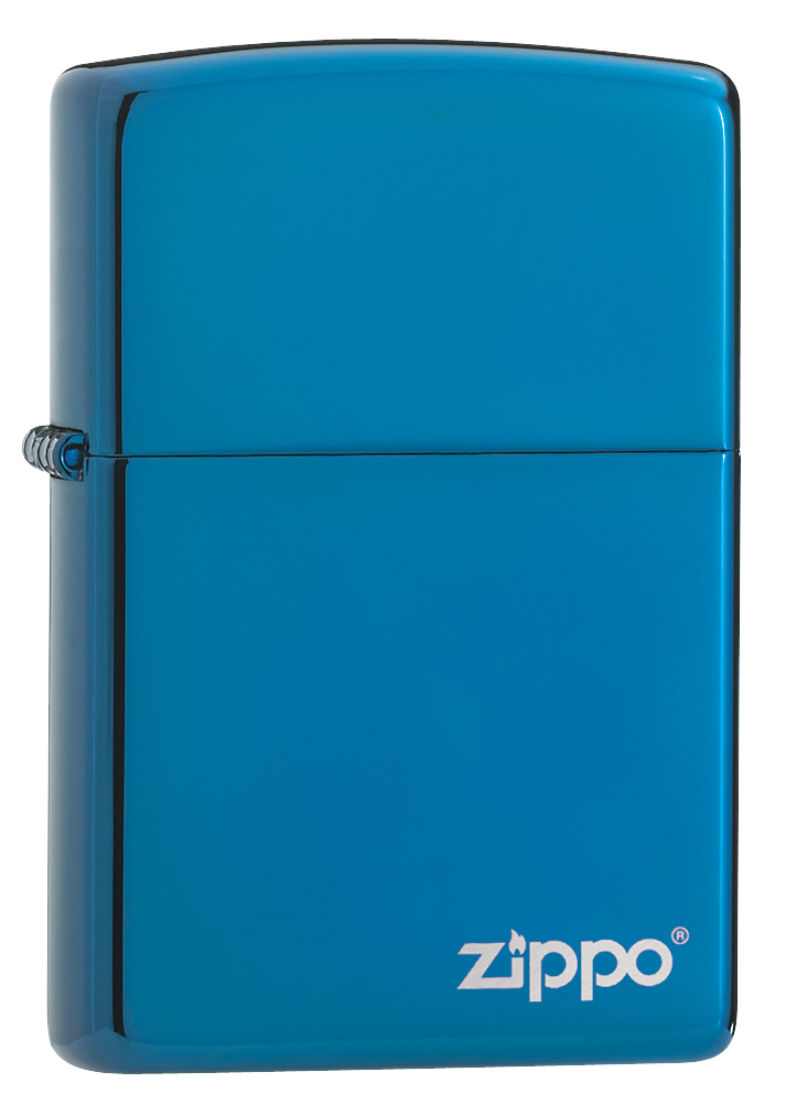 Vista de tres cuartos del encendedor Zippo High Polish Blue storm con logotipo