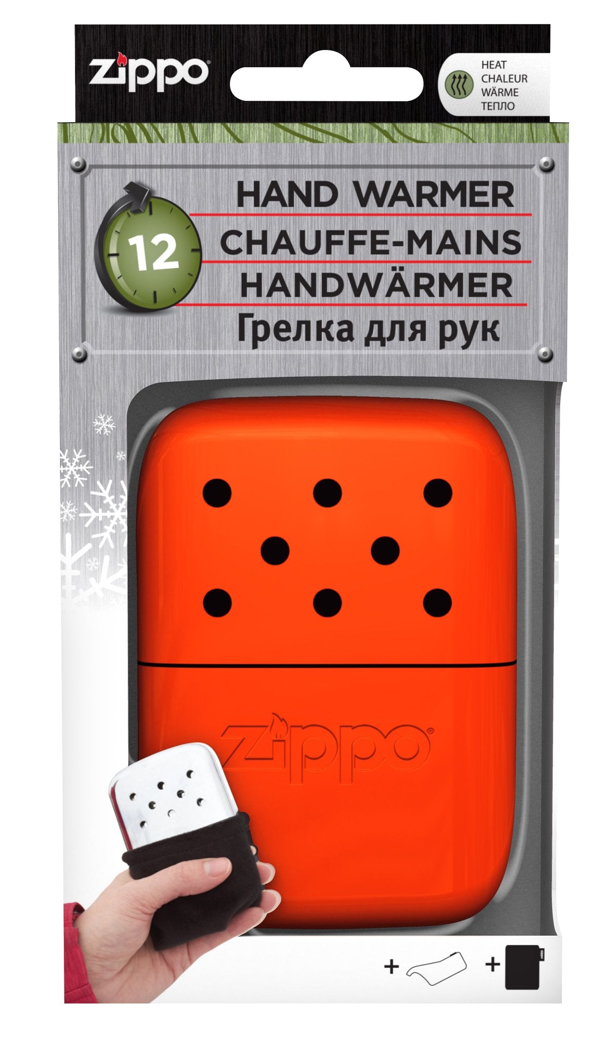 Hand Warmers Zippo en métal orange grand format dans l'emballage