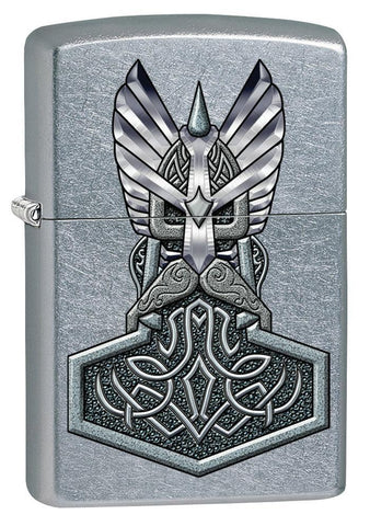 Vue de face 3/4 briquet Zippo chromé marteau de Thor