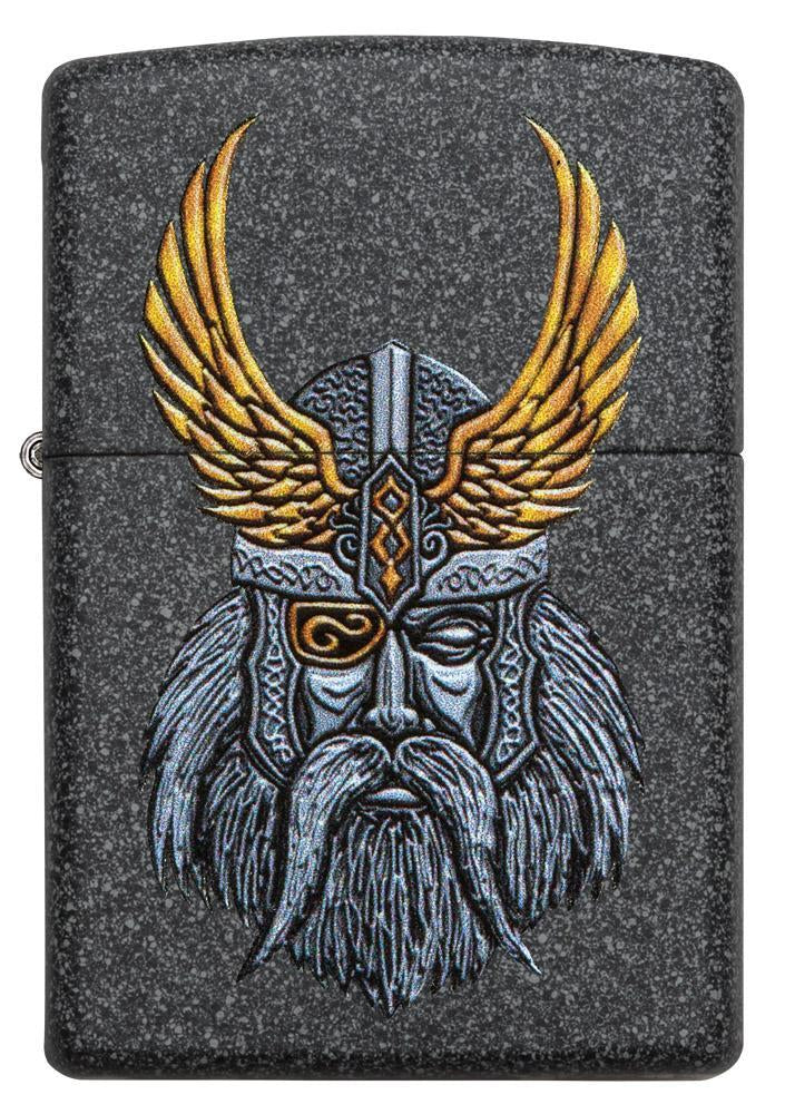 Vue de face briquet Zippo gris avec la tête d'Odin, père des dieux