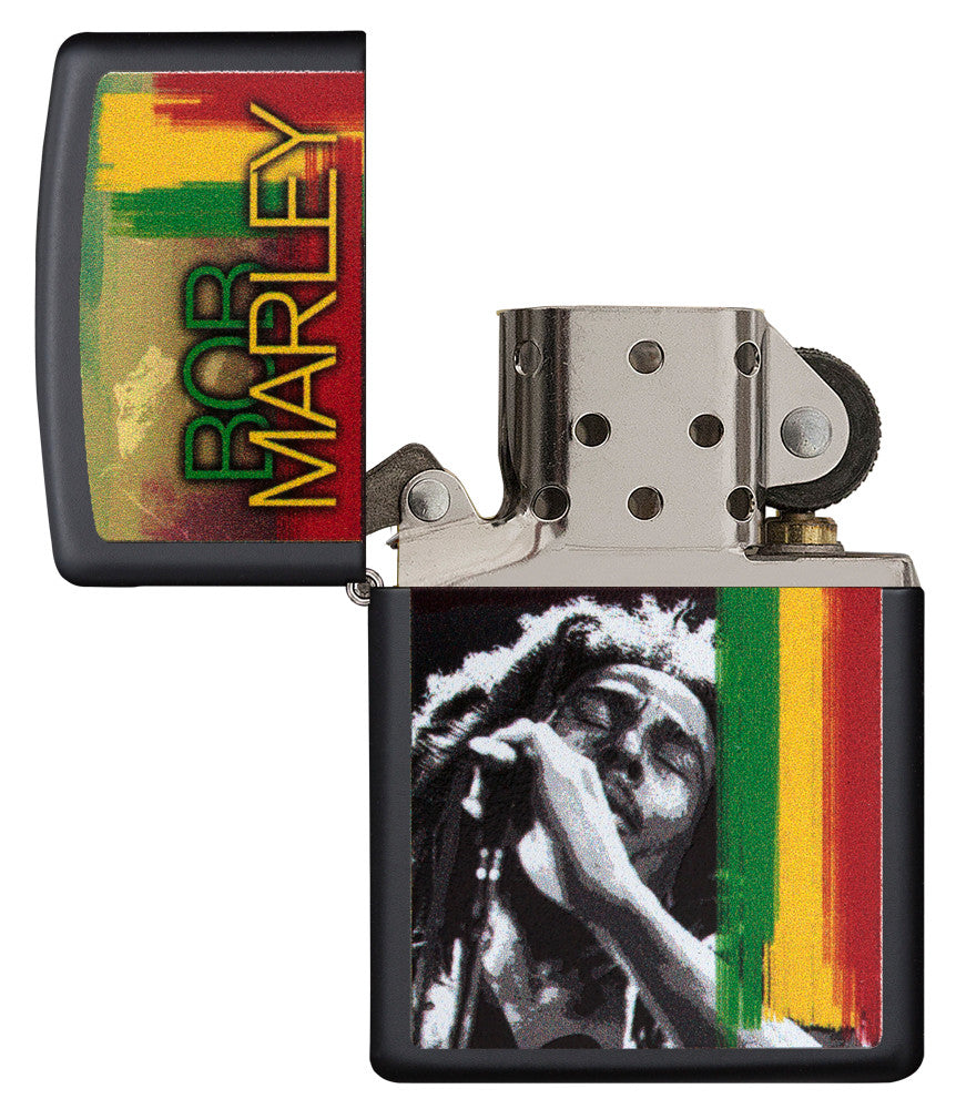 Vista frontal del mechero a prueba de viento Zippo Bob Marley apagado, sin llama